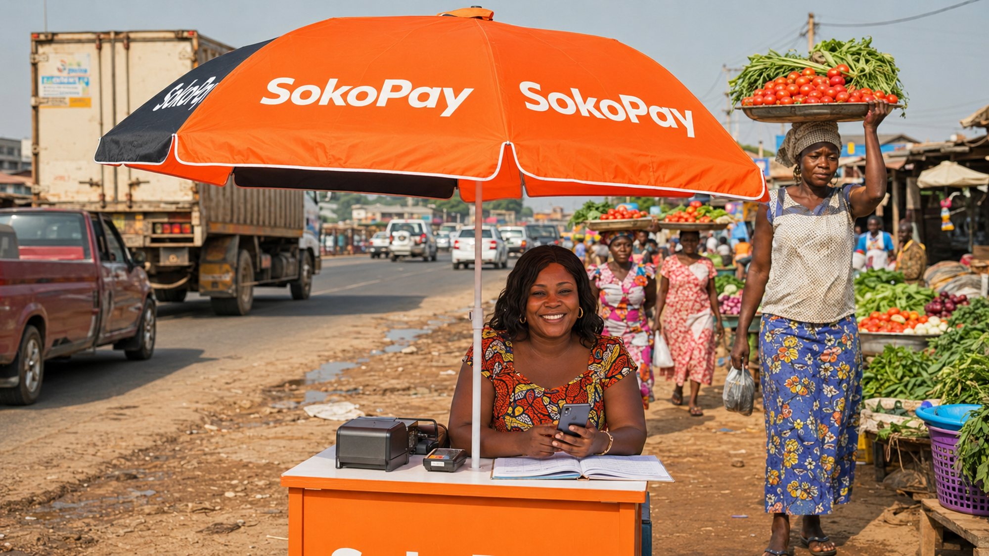 A woman serving her community beneath a SokoPay umbrella